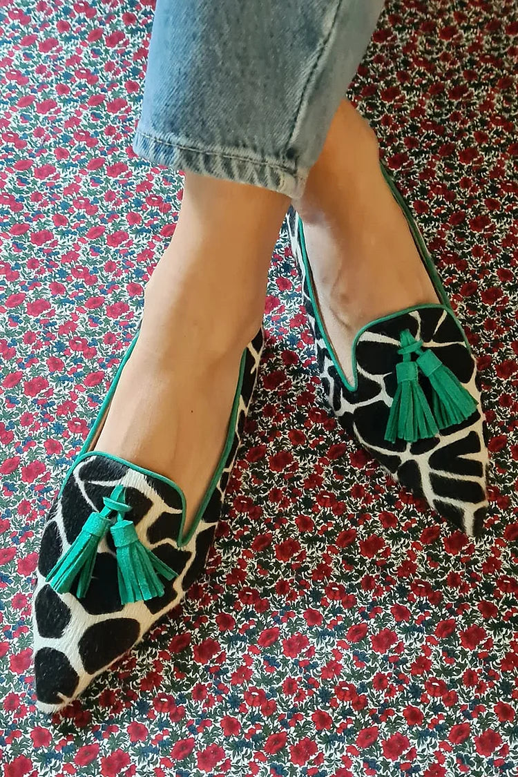 Capri | Giraffe Print Pointed Loafers with Green Fringe Accents